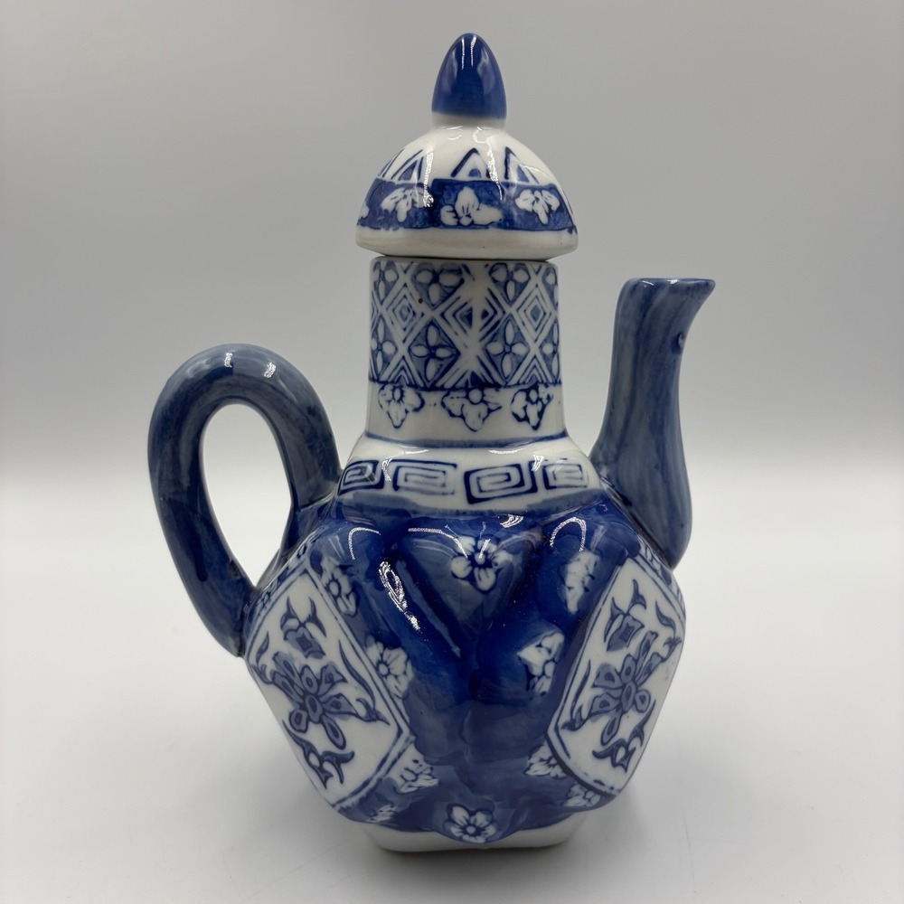 Collector Vintage Blue & White Ceramic Teapot Hexagonal Floral Design